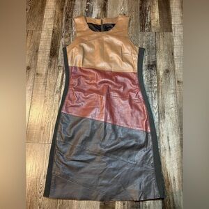 Cigno Nero Genuine Leather Brown Stripe Mini Dress Size 38 (Small)